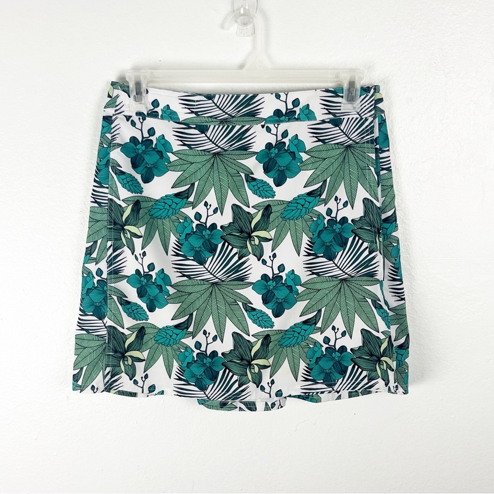 RIP SKIRT Hawaii Floral Palm Print Tropical Green White Wrap Skirt Medium Beach